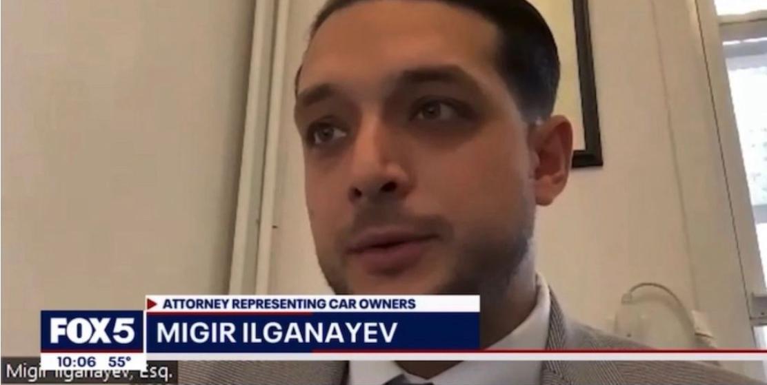 FOX 5 New York broadcast still: Migir Ilganayev being interviewed, with an on-screen caption reading 'Attorney representing car owners'.